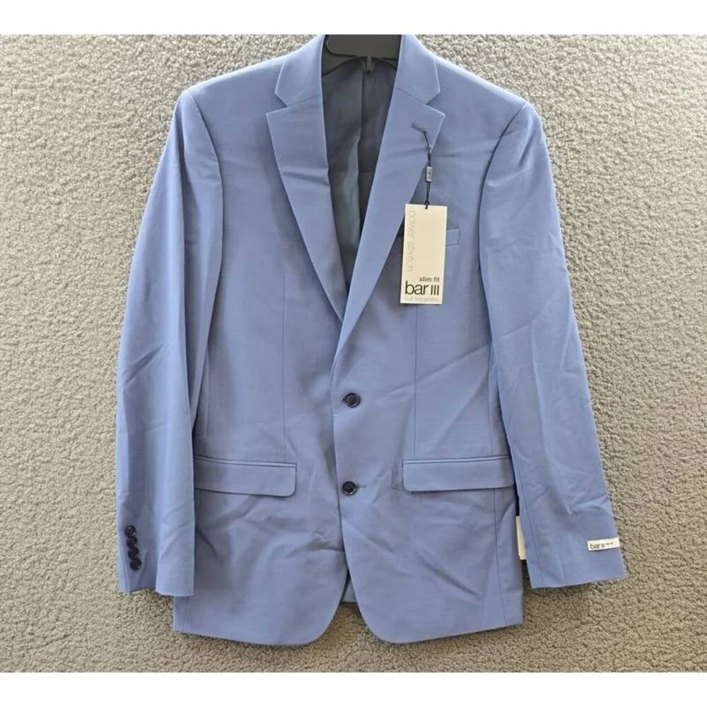 Bar III Slim-Fit Wool Blend Suit Jacket Men's 38L Light Blue Pockets Long Sleeve